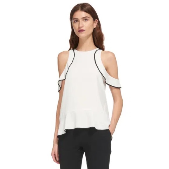 Whistles Tops - Whistles Jessica Off The Shoulder Ruffled White Black Lining Tank Blouse Top 2